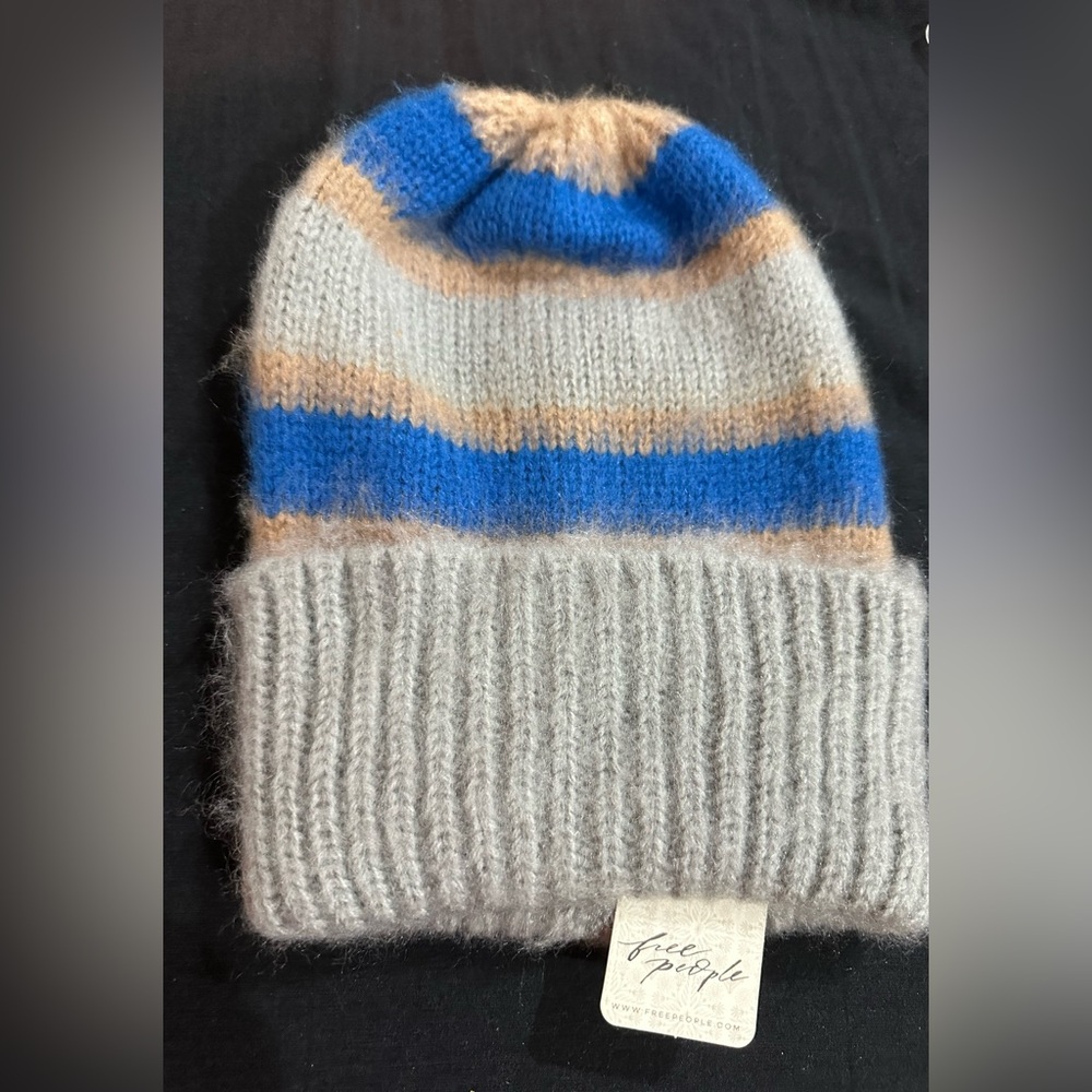 Free People Striped Beanie - Blue, Tan, and Gray